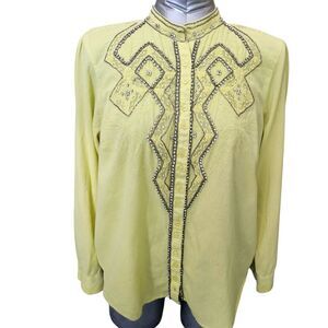 Anthropologie Pilcro Nayeli Beaded Button Blouse Yellow XL Cotton Linen Women's